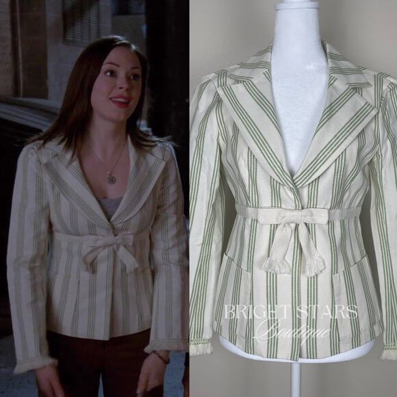 Rare Stripe Blazer Jacket ASO Paige Matthews Charmed Cream Green Bow 6 Vintage - Picture 1 of 10